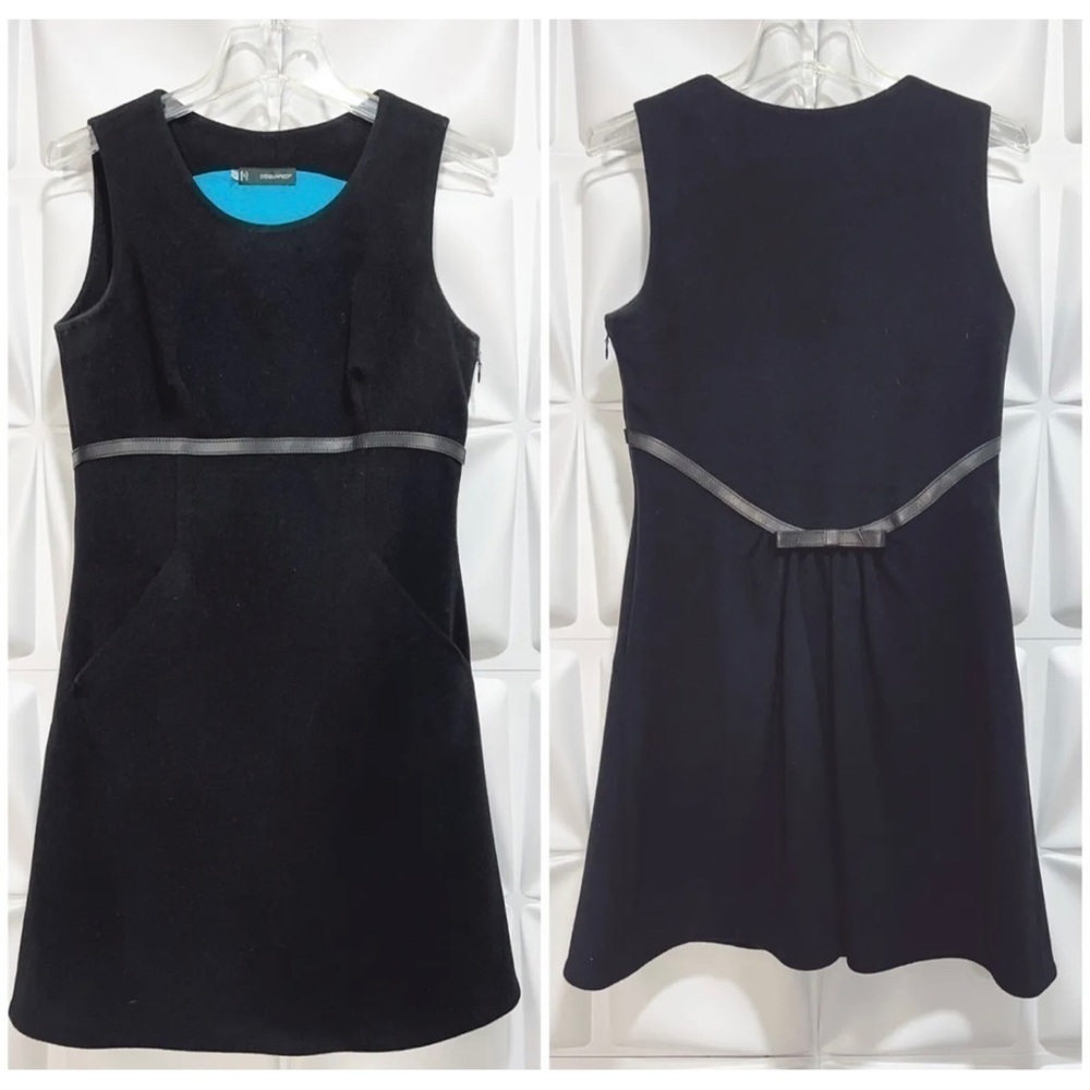Dsquared2 44 US Sz 8 Black Wool Angora Leather Bow Felt Dress ITALY